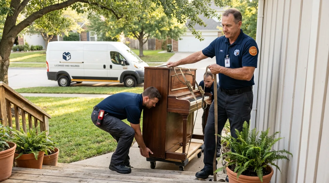 Licensed piano movers securing grand piano in Phil Campbell, AL