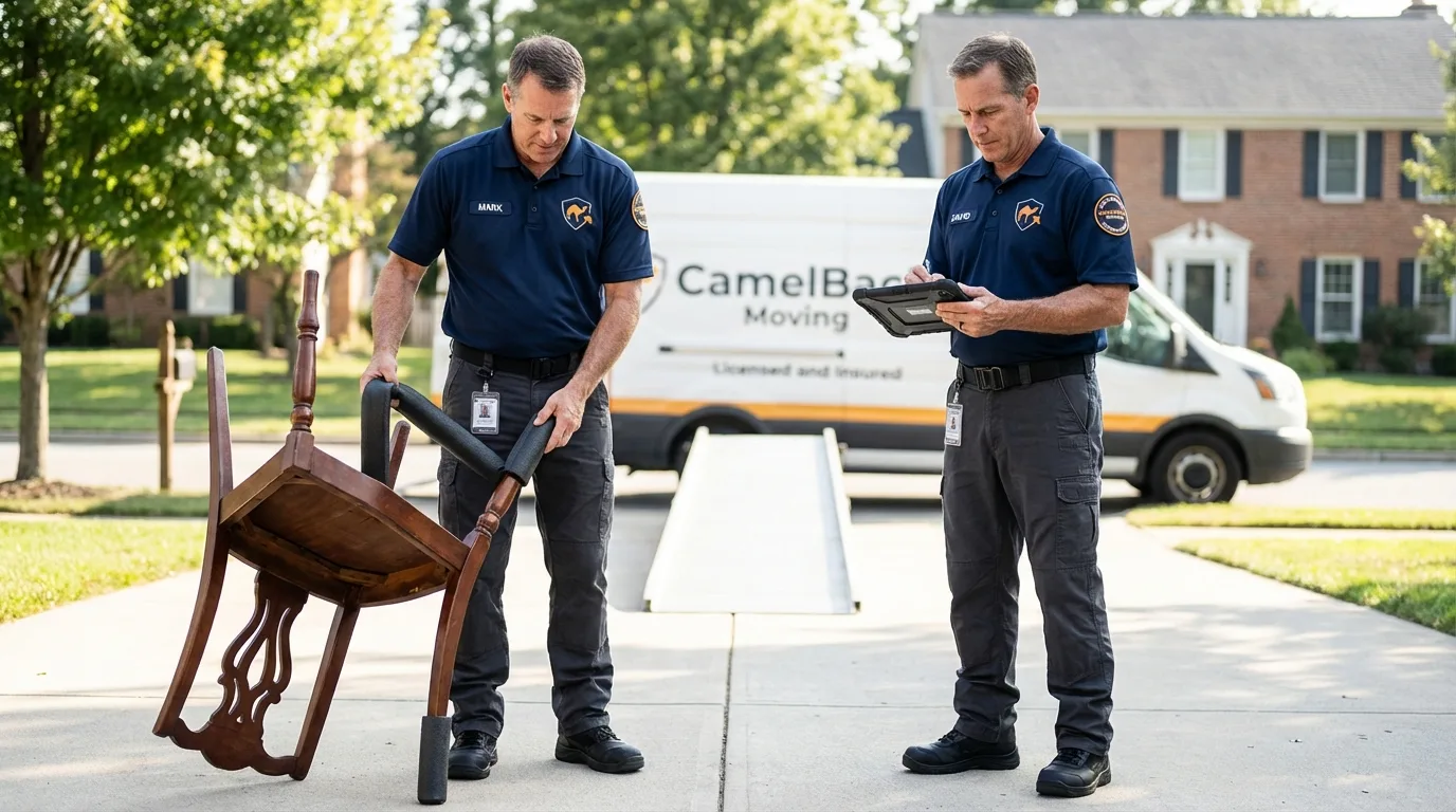 Movers inspecting furniture for damage prevention before loading in Phil Campbell, AL