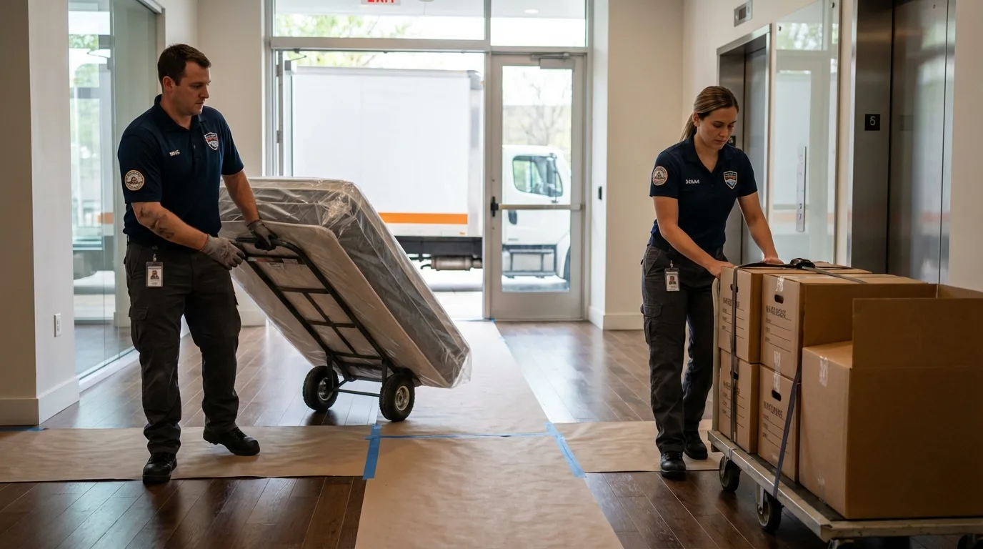 Professional apartment movers loading elevator in Phil Campbell, AL